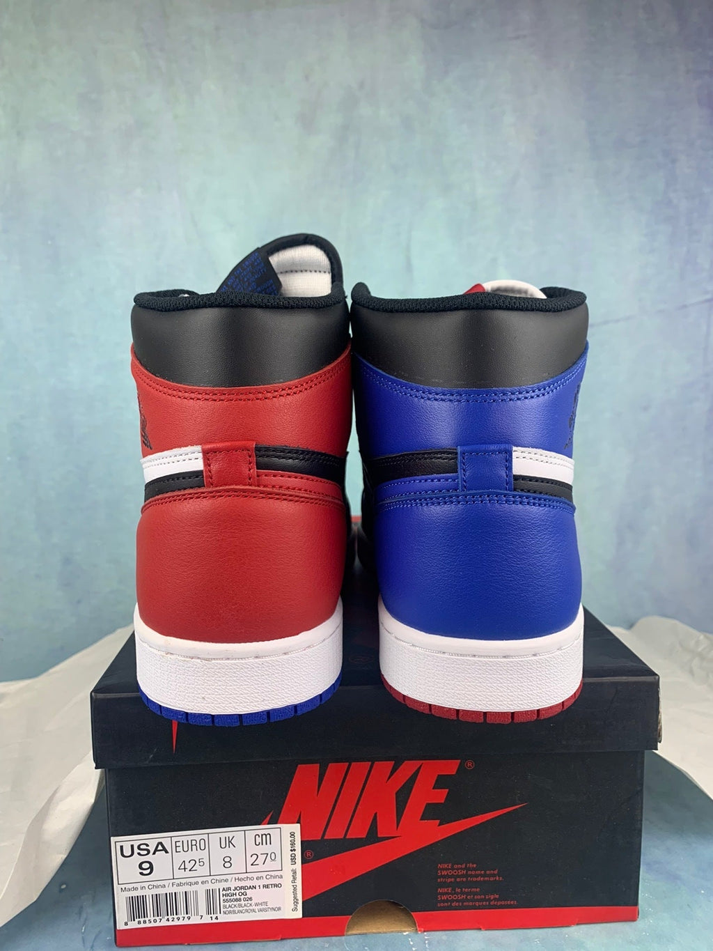 Air Jordan 1 High White, Blue, and Red Asymmetrical Pair Unisex Sneakers