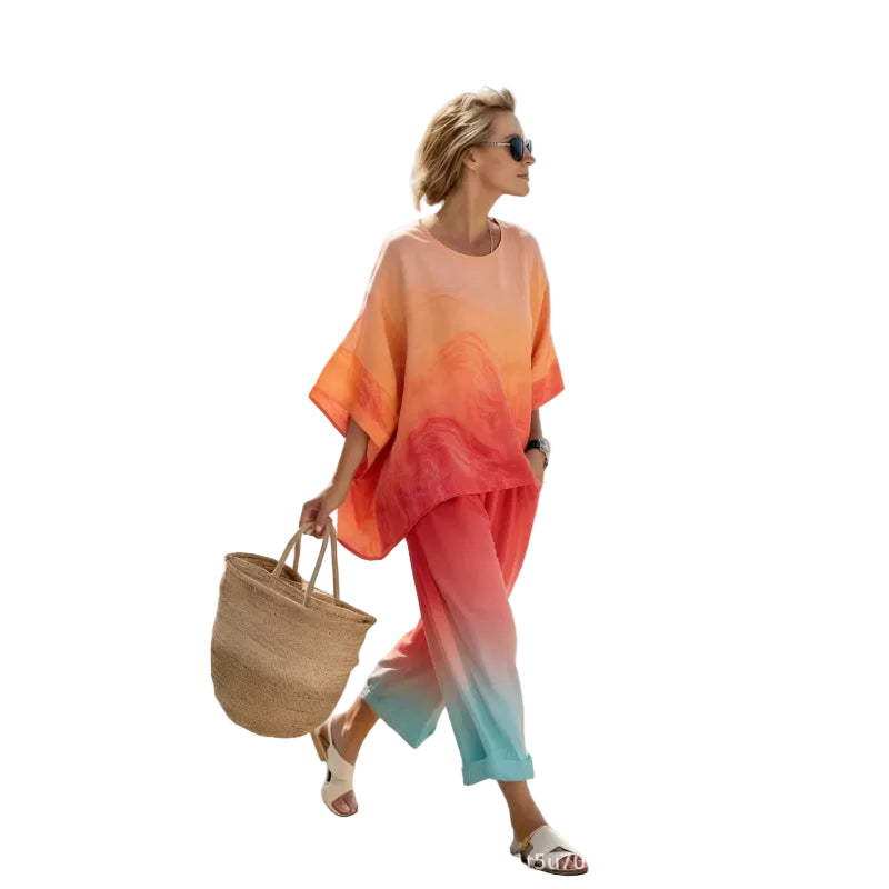 Women's Boho Gradient-Print Batwing Top and Pants Set