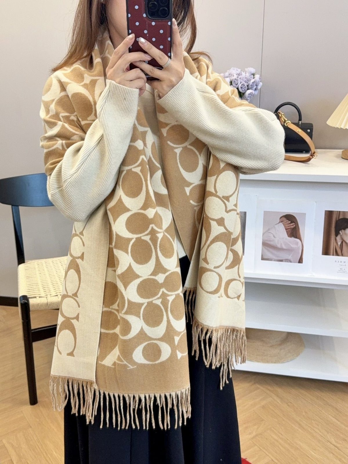 Coach Patterned Fringed Scarf