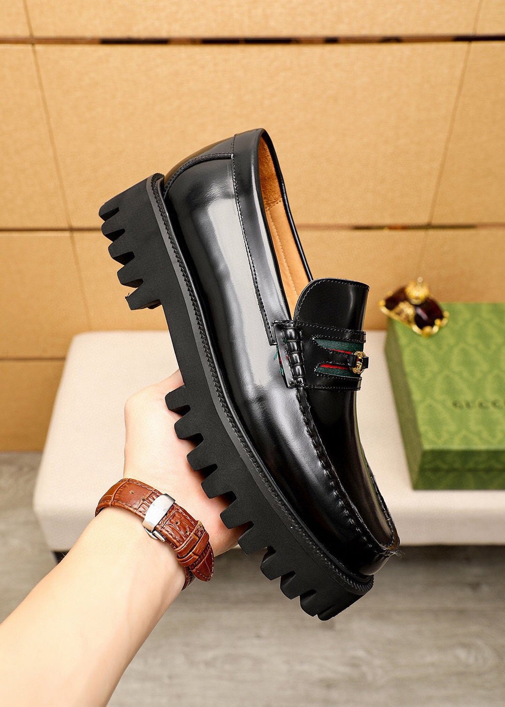 Gucci Striped Vamp Lug Sole Loafers